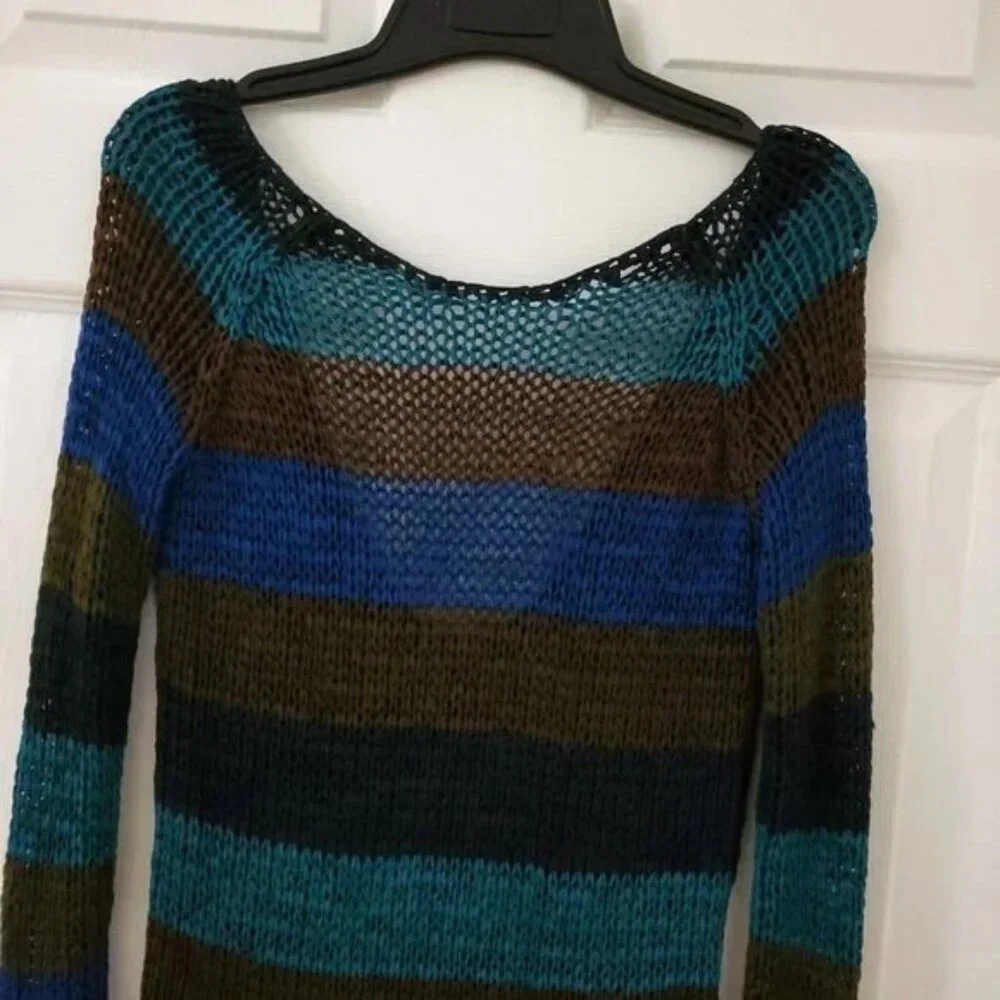Theory Striped Knit Yarn Crochet Scoop Back Academia Edgy Grunge Sweater